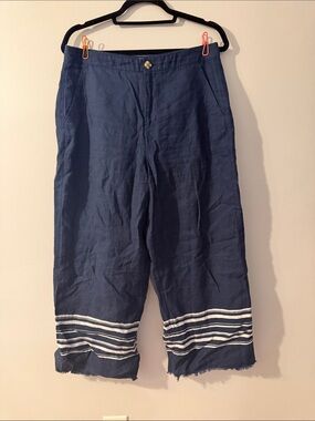 ecru Navy Cropped Linen Pants with White Striped Hem